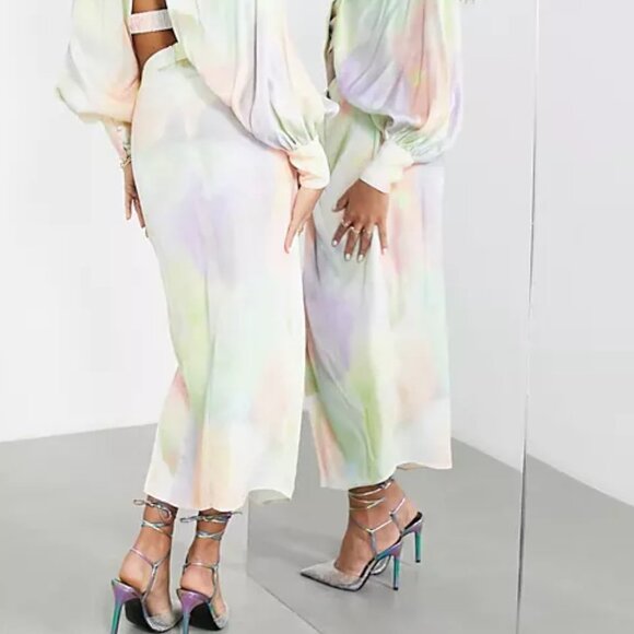 ASOS Edition Satin Watercolor Tie Dye Print Drape Wrap Slit High Rise Midi Skirt - Picture 3 of 6